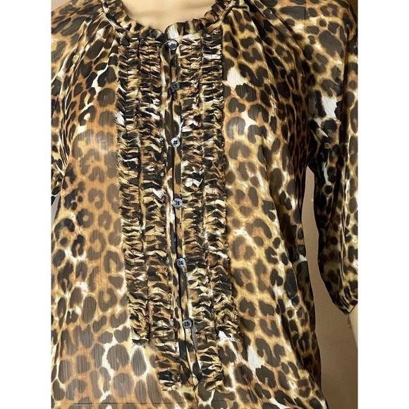 Express Women's Sheer Leopard Cheetah‎ Blouse Top XS Ruffled Pullover Style - Picture 10 of 10